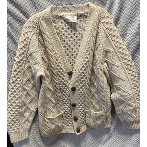 Vintage  100% Wool Knit Cardigan Sweater Fisherman Size L Wexford Grandpa Core